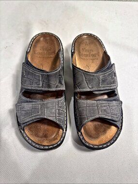 Finn Comfort Jamaica Gray Croc Embossed Leather Sandals Slides EU 38 US 7.5-8